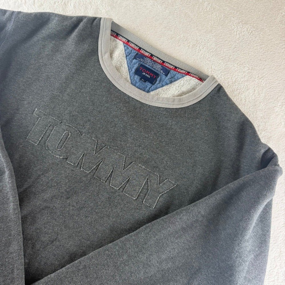 Tommy Jeans Vintage Sweatshirt Embroidered Spellout Gray Mens XL 90s Crewneck